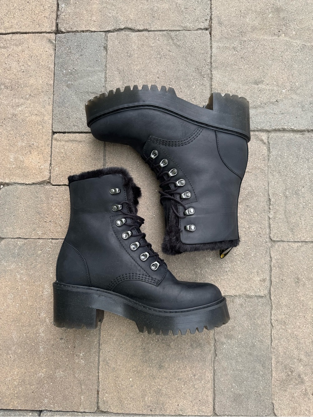 Black Fur-Lined Platform Dr. Marten Combat Boots - Women